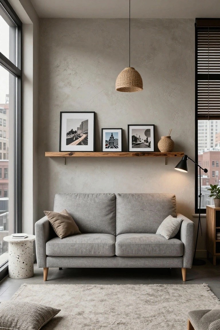 Modern living room with light gray two-seater sofa on wooden legs, beige textured walls, wooden floating shelf displaying black-and-white framed photos and vase, rattan pendant lamp, desk lamp, side table, rug, and large window overlooking city buildings.