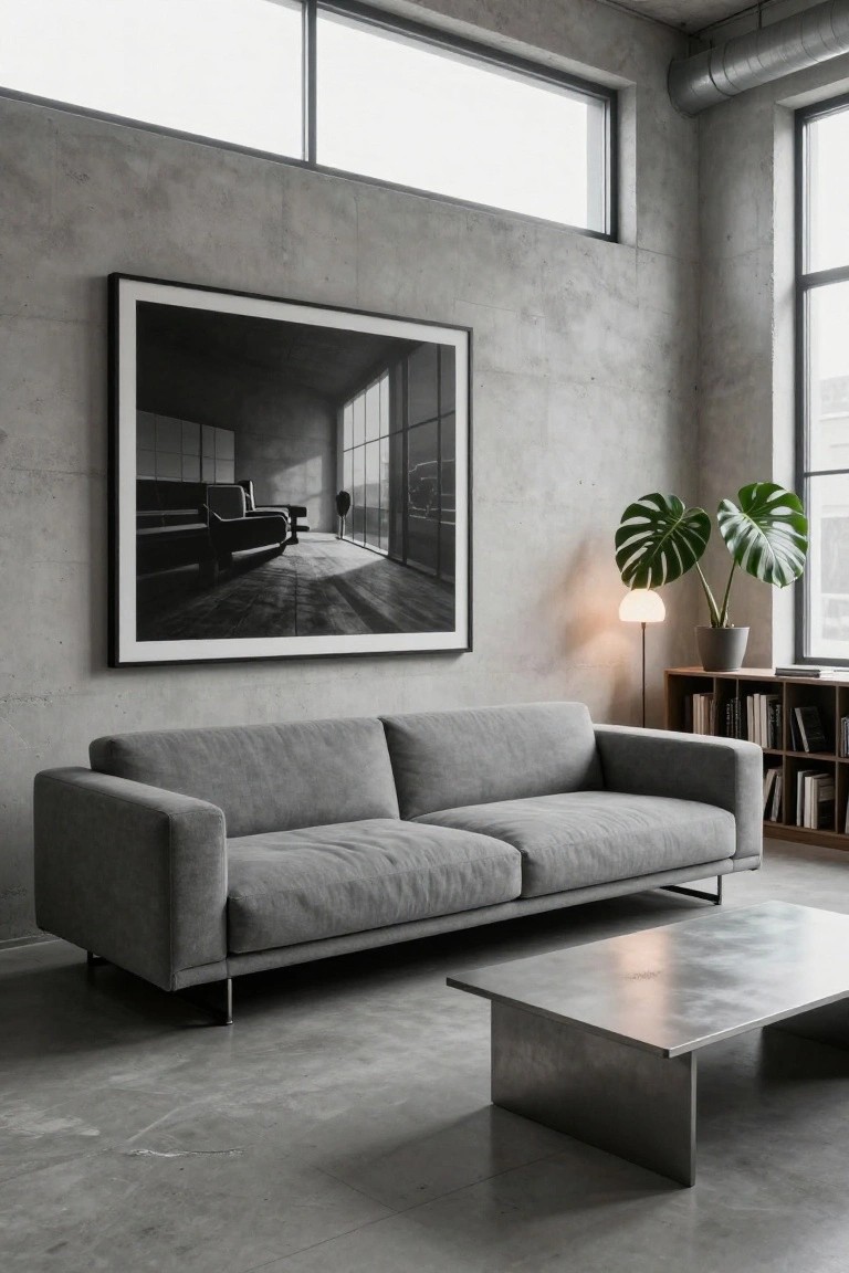 Modern living room featuring a low-profile gray fabric sofa, brushed metal coffee table, monstera plant, floor lamp, wooden bookshelf, and large black-and-white framed photo on textured concrete walls with large windows.