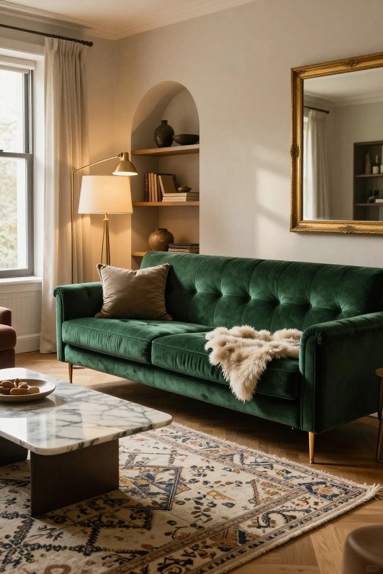 Living room with emerald green velvet tufted sofa draped in white fur throw, marble coffee table holding a dish of food, patterned rug on herringbone wood floor, brass floor lamp, arched niche with shelves and pottery, gold-framed mirror, and window with sheer curtains.