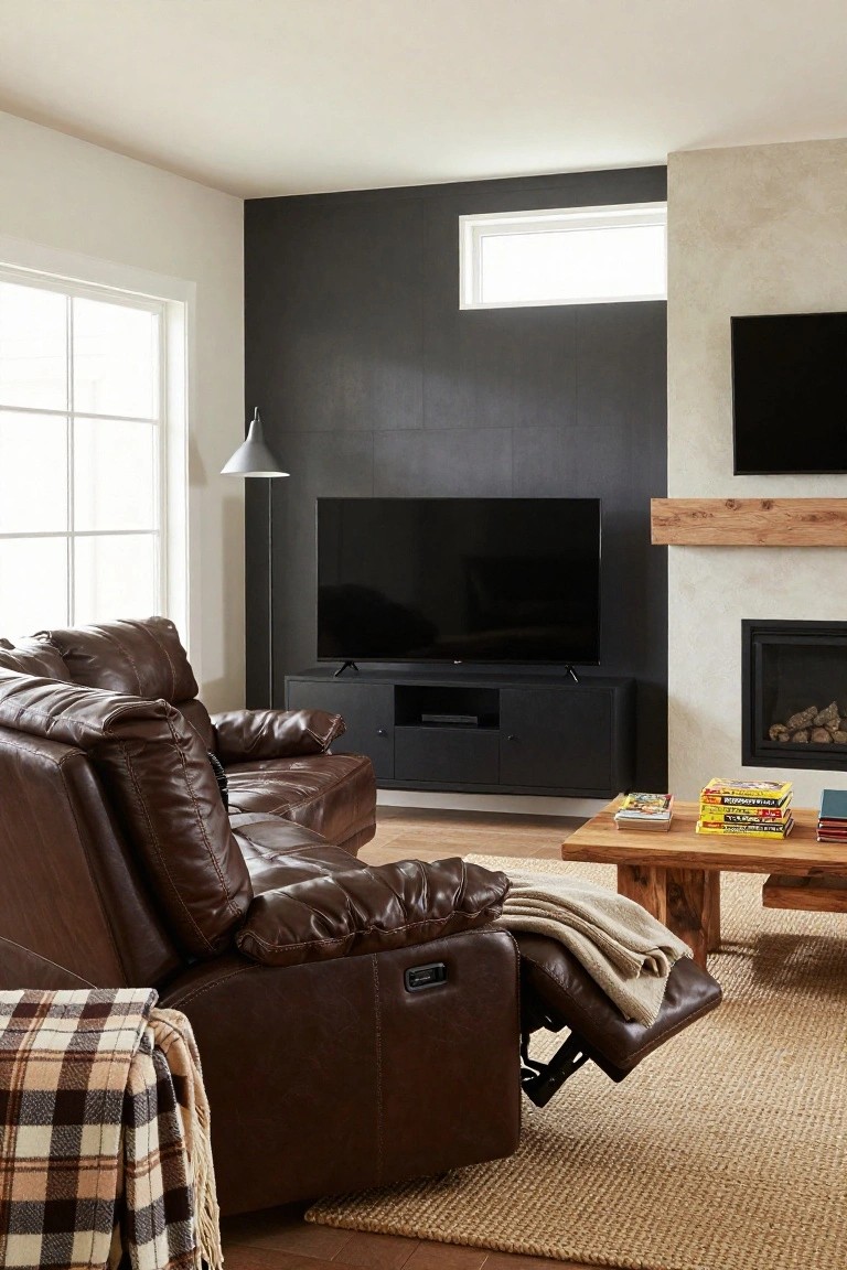 Modern living room corner with brown leather L-shaped recliner sofa partially reclined, wooden coffee table holding board games, black media console under wall-mounted TV, gas fireplace with wood mantel, dark accent wall, seagrass rug, and plaid throw blanket.
