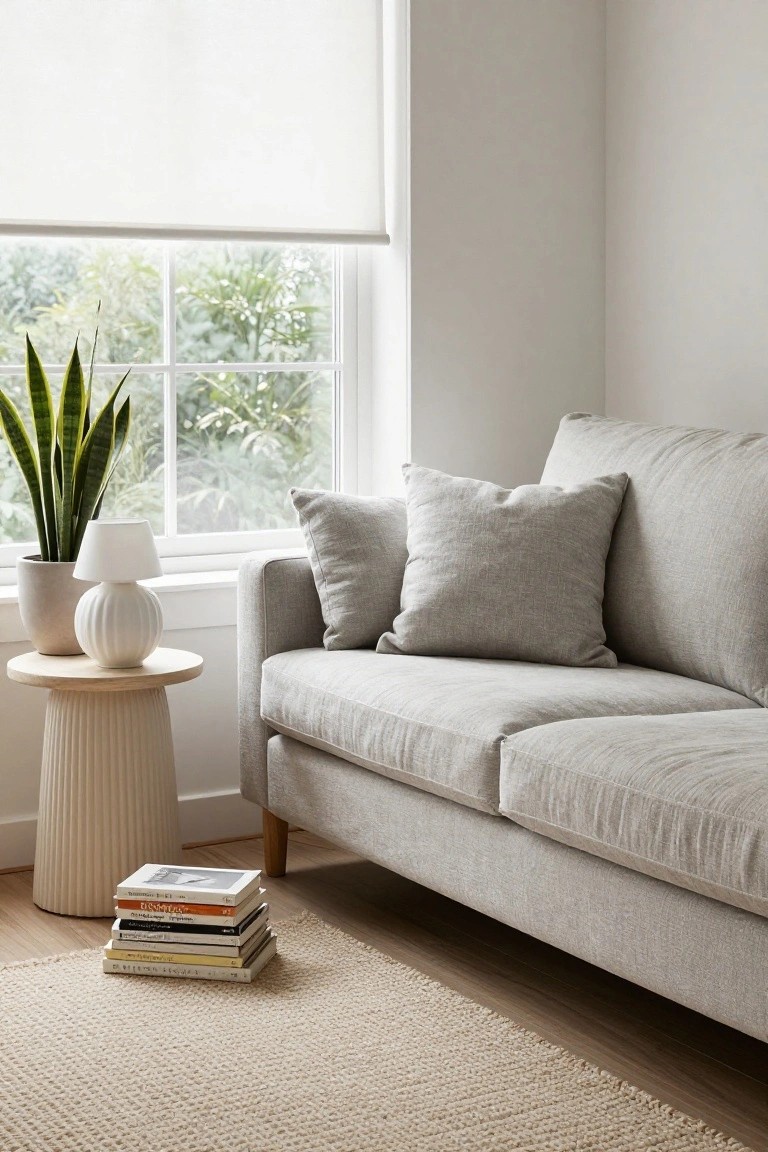 Light gray fabric sofa in a living room corner beside a window with white roller blind, featuring a pedestal side table with white lamp and potted snake plant, plus stacked books on light wood floor with beige rug.