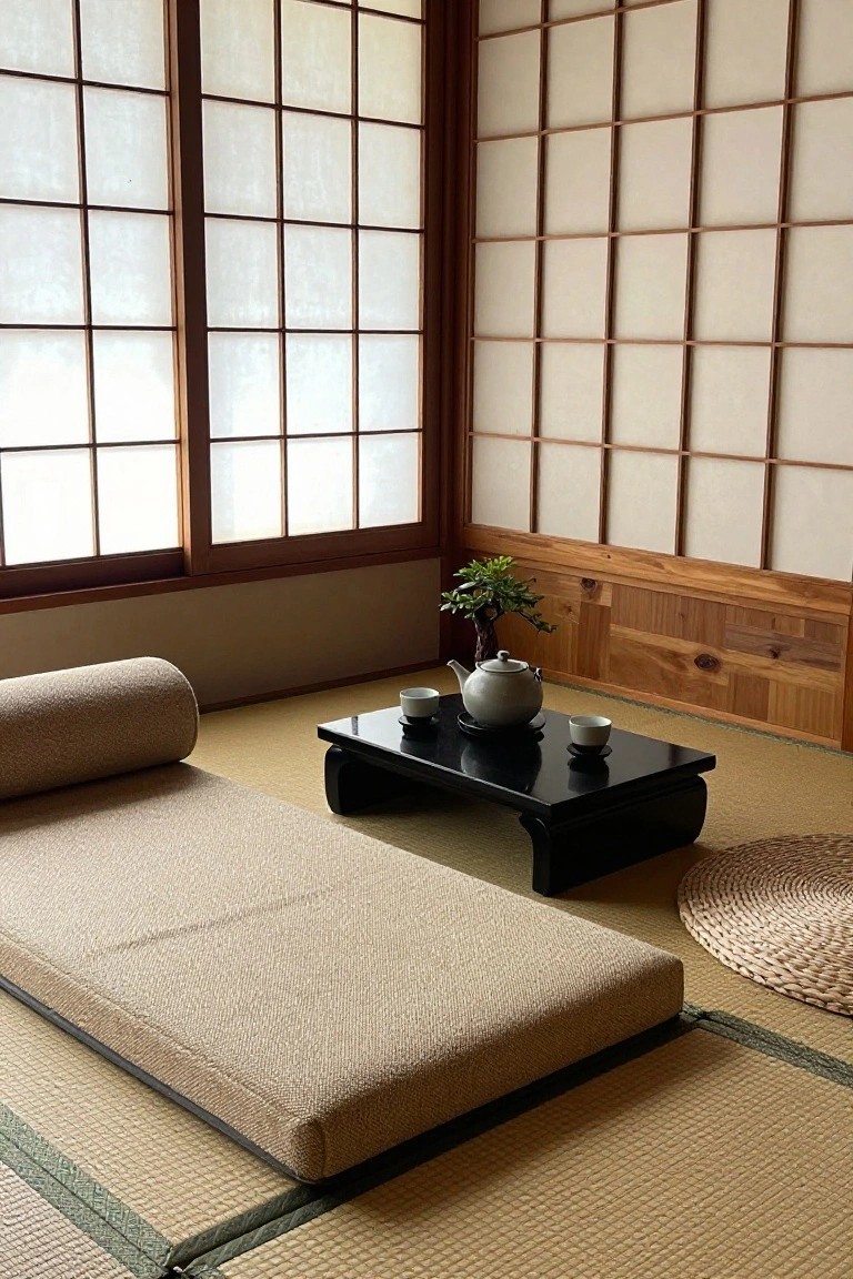Beige low-profile recliner sofa on tatami mats in a Japanese room with shoji screen walls, wooden accents, low black table holding teapot and cups, bonsai plant, and woven floor mat.