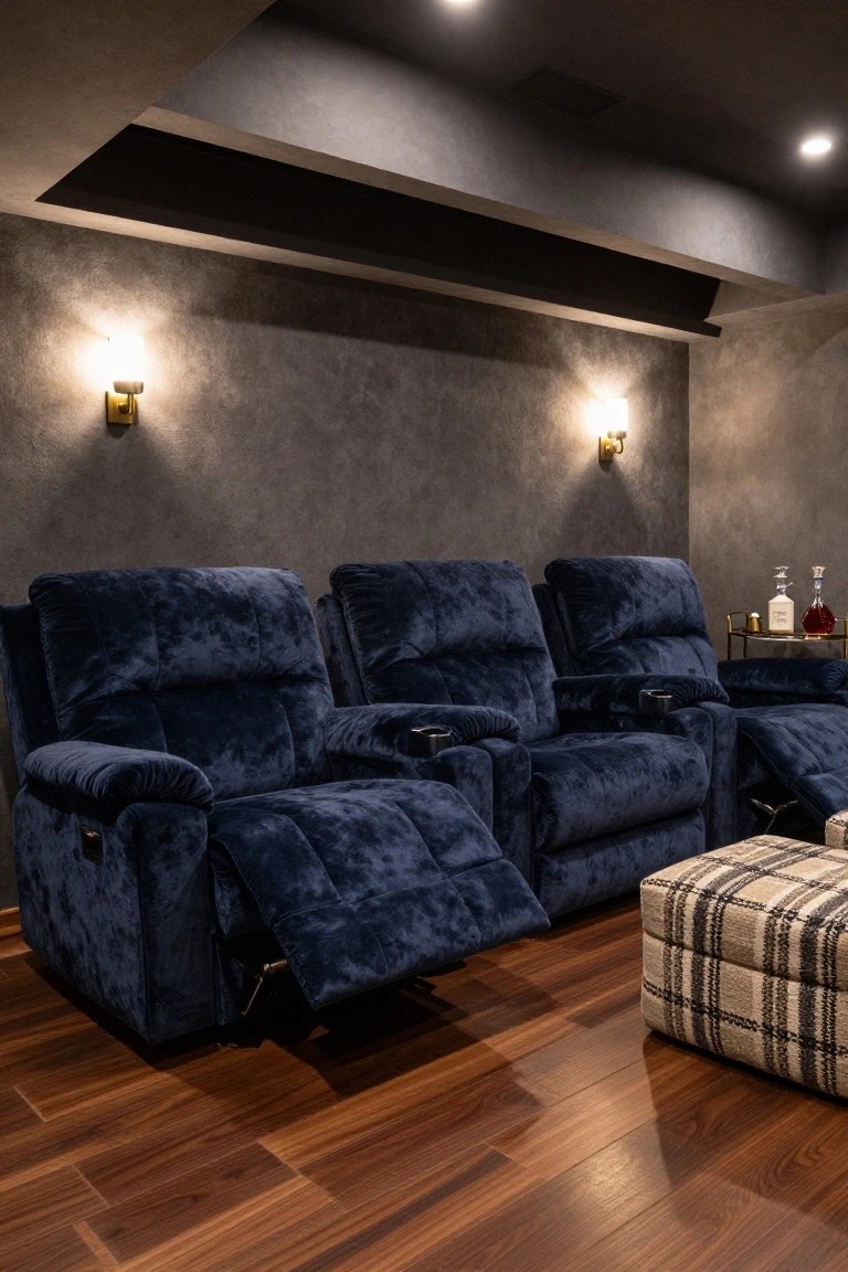 Home theater room with three navy blue velvet recliner sofas in a row, some with footrests extended, gray textured walls, wall sconces lit, wooden floor, and a plaid ottoman.