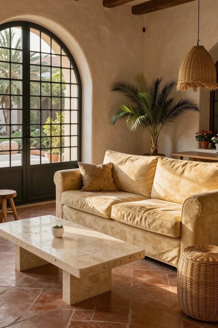 Beige plush sofa with pillows in a sunlit room featuring arched black metal windows to a garden, travertine coffee table with small plant, potted palm tree, rattan hanging lamp, wooden stool, woven pouf, and terracotta tile floor.