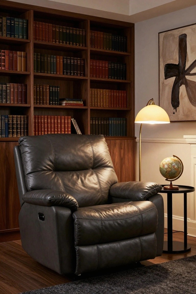 Dark leather recliner in a wood-paneled library room with bookshelves, floor lamp, globe on side table, and abstract wall art.