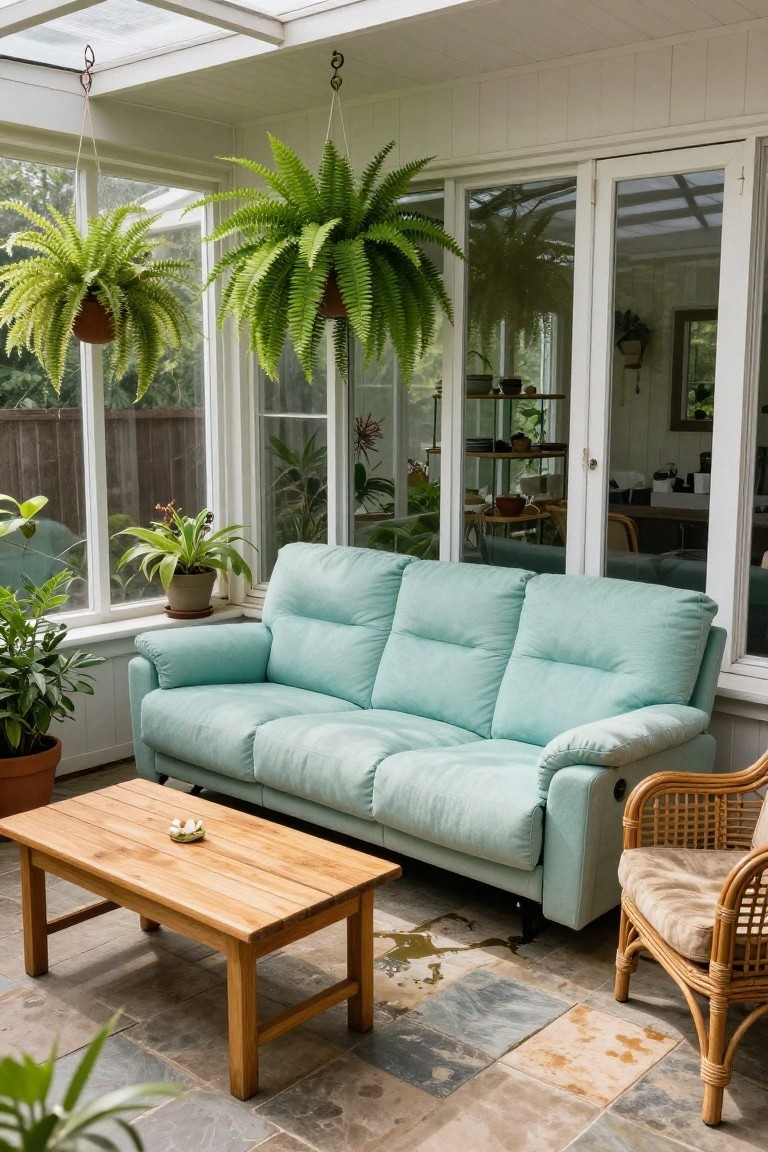 Light teal three-seat recliner sofa in a glass-enclosed sunroom with hanging ferns, potted plants along windows, wooden coffee table holding a small white dish, rattan armchair, and slate tile floor.