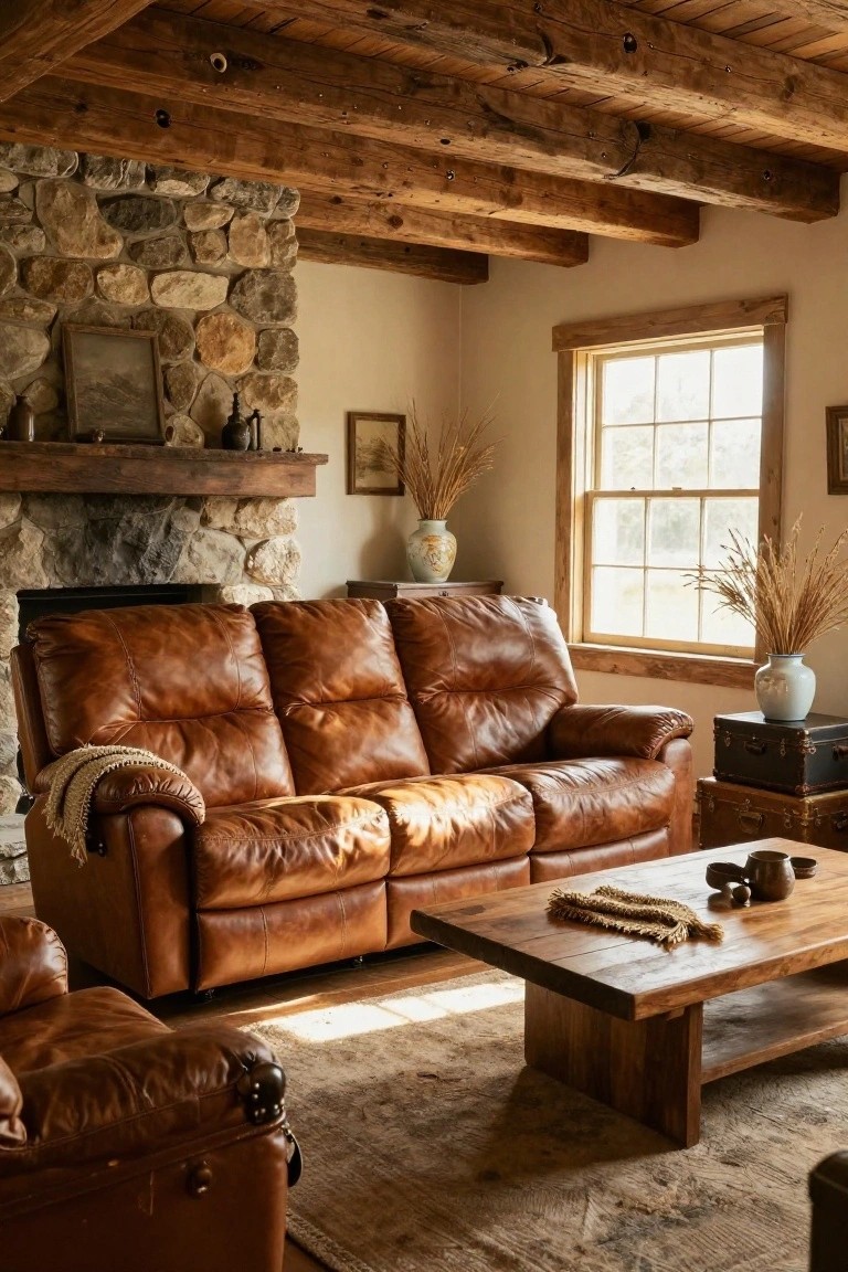 A tan leather recliner sectional sofa sits in a rustic living room with wooden beam ceiling, stone fireplace, wooden coffee table, and decorative vases.