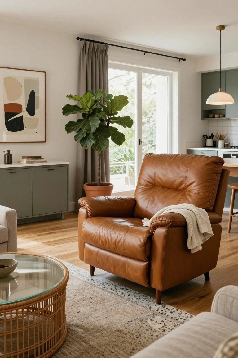 Tan leather recliner chair with a white throw blanket in a light-filled living room featuring oak floors, a fiddle leaf fig plant, gray cabinets, and a rattan coffee table.