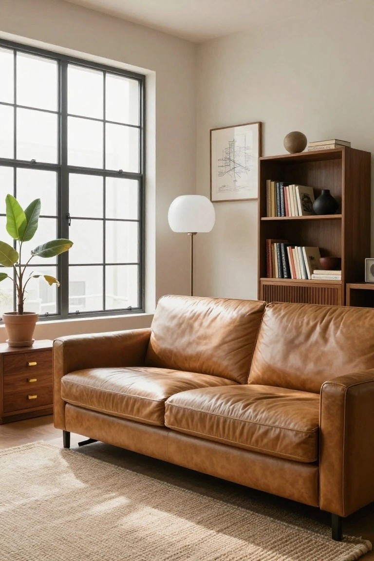 A modern living room with a tan leather sofa, wooden bookshelf filled with books and decor, potted plant by a large black-framed window, white globe floor lamp, and beige walls.