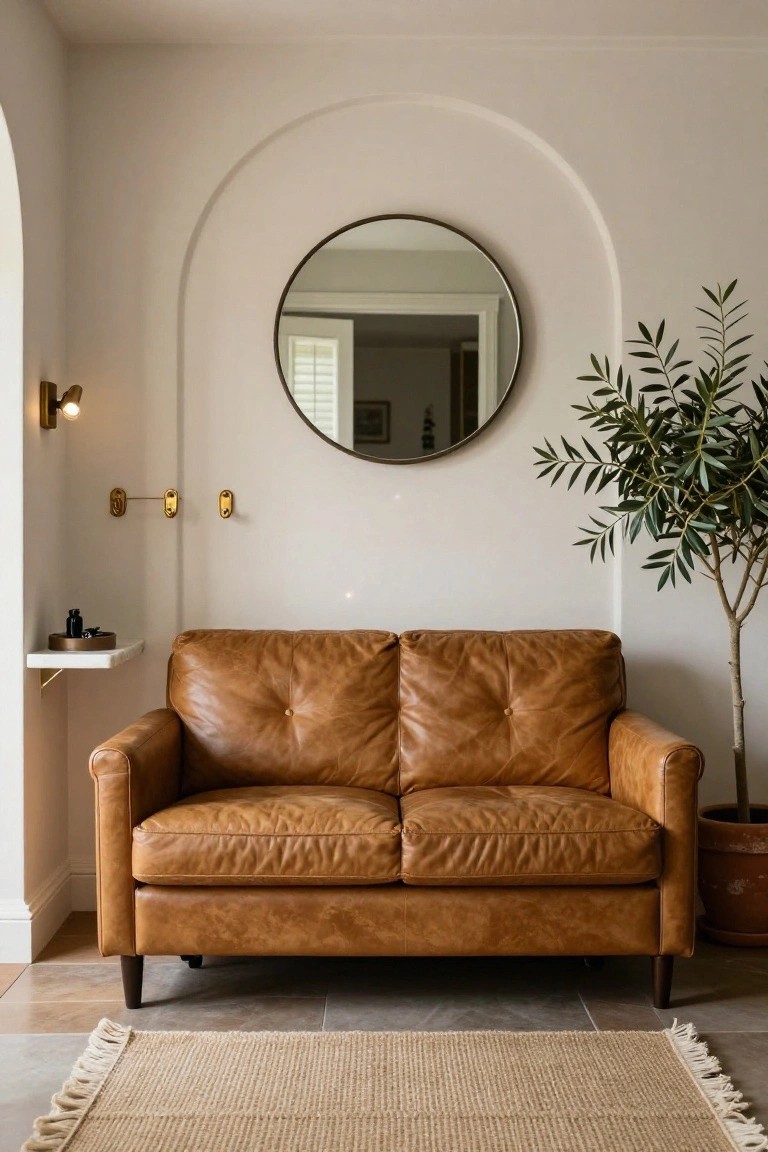 Tan tufted leather two-seater sofa in a white-walled room with arched round mirror above, olive tree to the side, wall-mounted shelf and hooks, brass sconce light, and jute rug on tiled floor.
