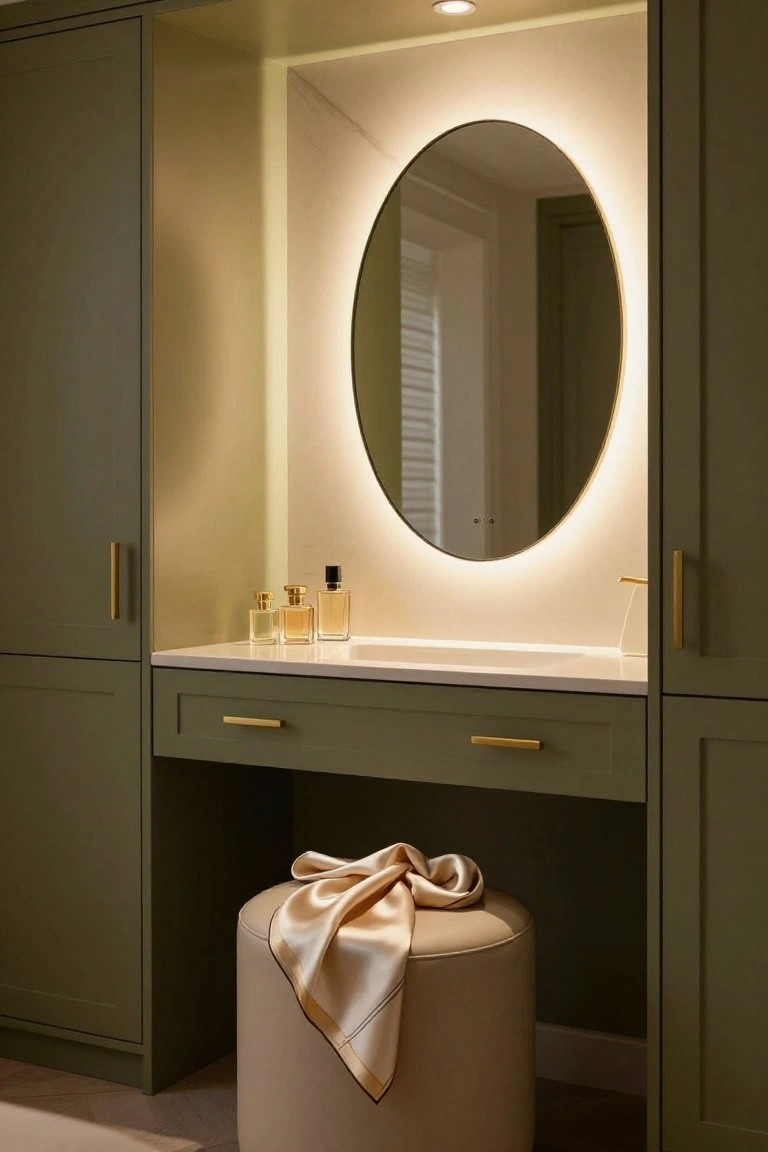 Sage green cabinets with gold pulls frame a white countertop vanity holding perfume bottles under a round oval mirror with white LED edge lighting, plus a cream pouf stool draped with a silk scarf.