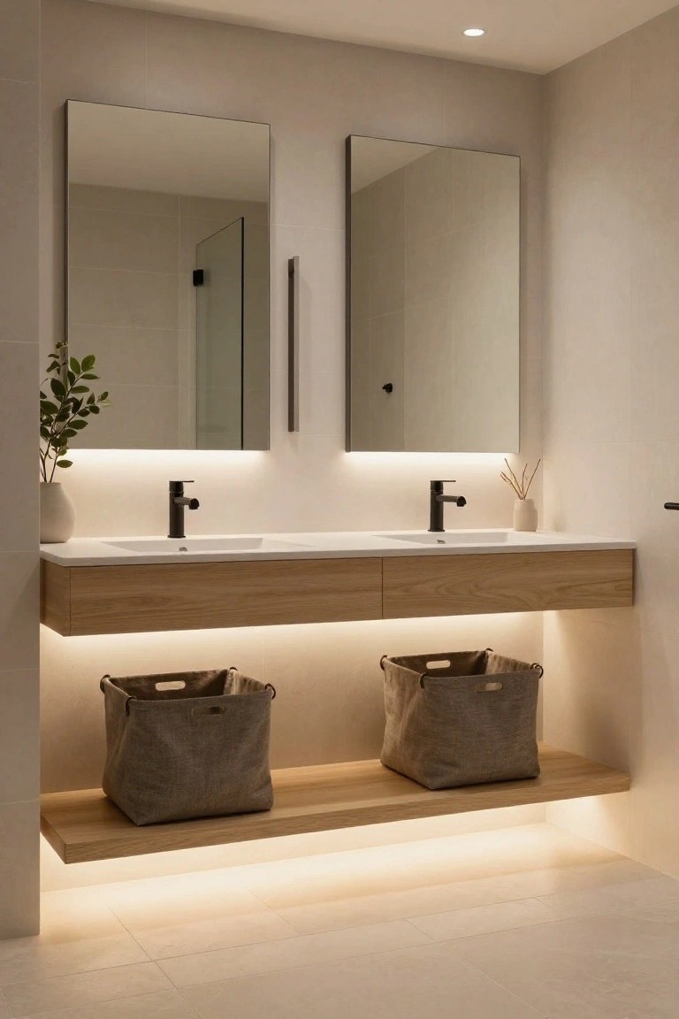 Modern bathroom with floating oak vanity holding two white sinks and black faucets, two large frameless mirrors with integrated lighting, under-cabinet LED strips glowing softly, wicker baskets on a lower wooden shelf, potted plants, and a frameless glass shower enclosure.