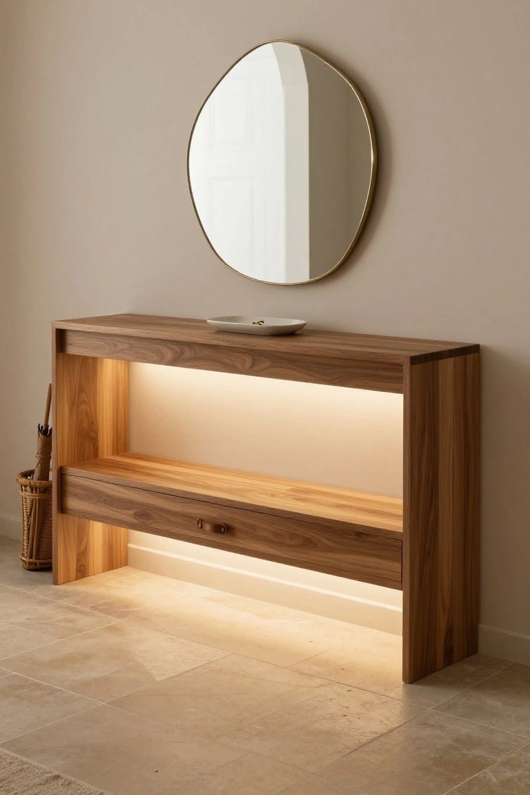 Wooden console table with open shelf lit from underneath in a beige entryway, round gold mirror above, woven umbrella holder nearby, and light tile floor.