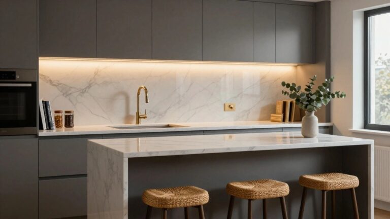 18 Under Cabinet Lighting Ideas For a Soft Luxury Glow Modern kitchen featuring dark gray cabinets, white marble backsplash and countertops, under-cabinet LED strip lighting, sink with gooseneck faucet, rattan bar stools at a white island, and wood floors.