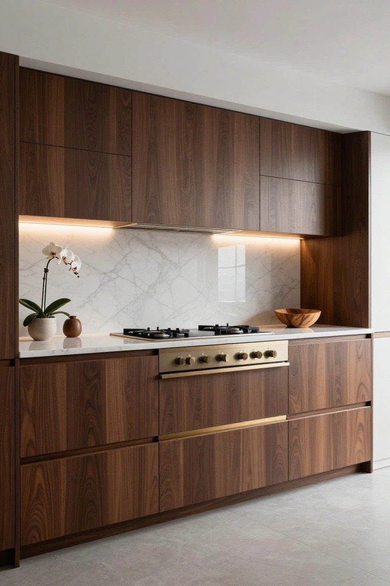 Contemporary kitchen with dark walnut cabinets, integrated gas cooktop with brass knobs, white marble backsplash lit by recessed under-cabinet LED strips, potted orchid, and wooden bowl on white countertop.