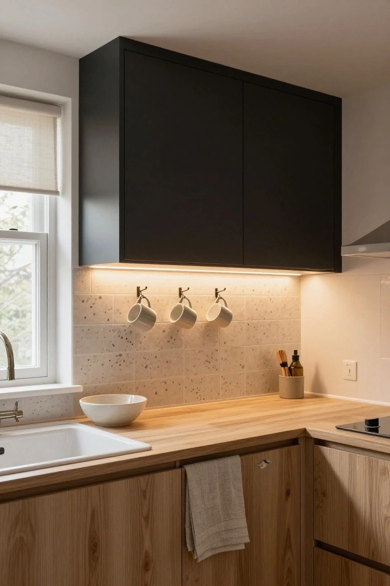 Kitchen corner featuring black upper cabinets with warm LED strip lighting underneath illuminating a beige speckled tile backsplash, three white mugs hanging on hooks, light wood lower cabinets, white sink, wooden counter, and window with sheer blind nearby.
