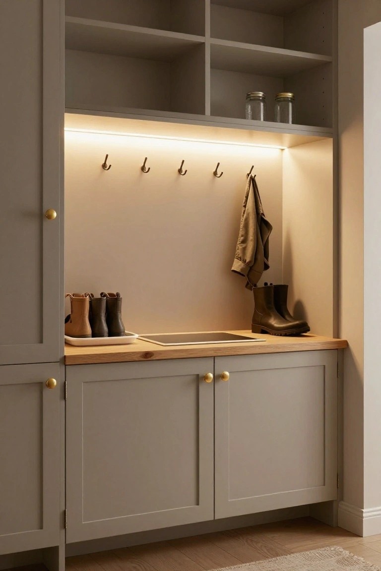 Gray cabinetry mudroom with open shelves holding jars, brass hooks with a hanging coat, pairs of boots on a white tray next to a sink on an oak countertop, and warm LED strip lighting under the upper shelves.