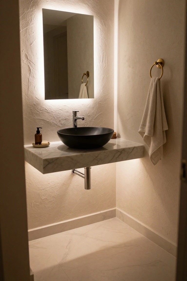 A corner bathroom view showing a floating white marble vanity with black bowl sink, backlit rectangular mirror, gold towel ring holding a white towel, soap dispenser, and beige textured walls with soft lighting.