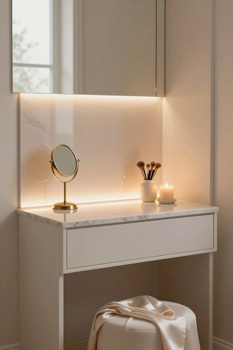 Corner white vanity table with marble countertop, gold swivel mirror, makeup brushes in a vase, white candle, and thin LED strip lighting along the upper mirrored wall in a beige room.