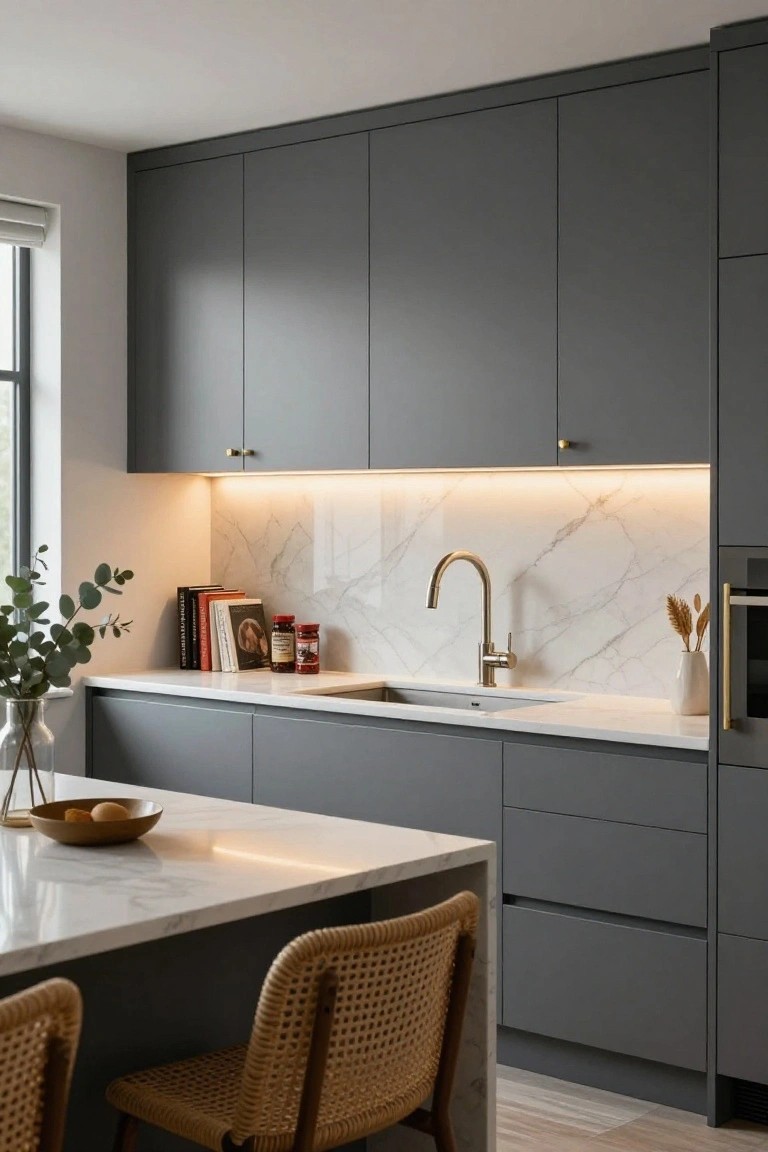 Modern kitchen featuring dark gray cabinets, white marble backsplash and countertops, under-cabinet LED strip lighting, sink with gooseneck faucet, rattan bar stools at a white island, and wood floors.