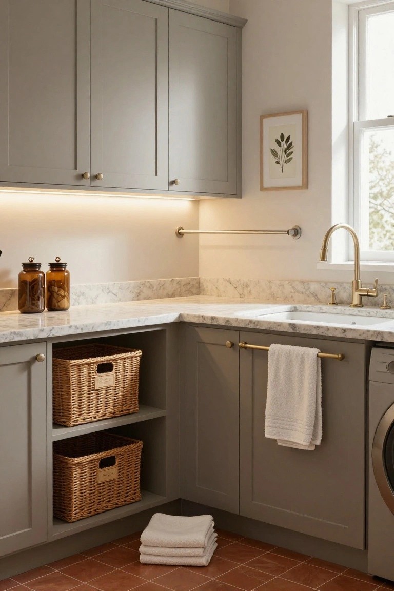 Corner laundry room with light gray shaker cabinets, white farmhouse sink and gold faucet on marble countertop, under-cabinet LED strip lighting, wicker baskets in open shelving, stacked towels on terracotta tile floor.