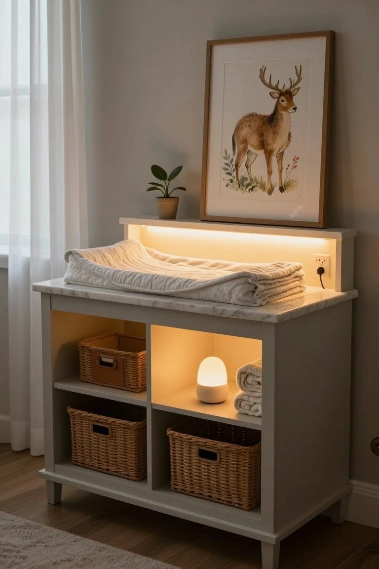 Light gray wood dresser used as nursery changing table with white padded top, warm under-cabinet LED strip lighting the top and lower shelves stocked with wicker baskets, towels, and a white mushroom lamp, deer artwork on wall nearby.