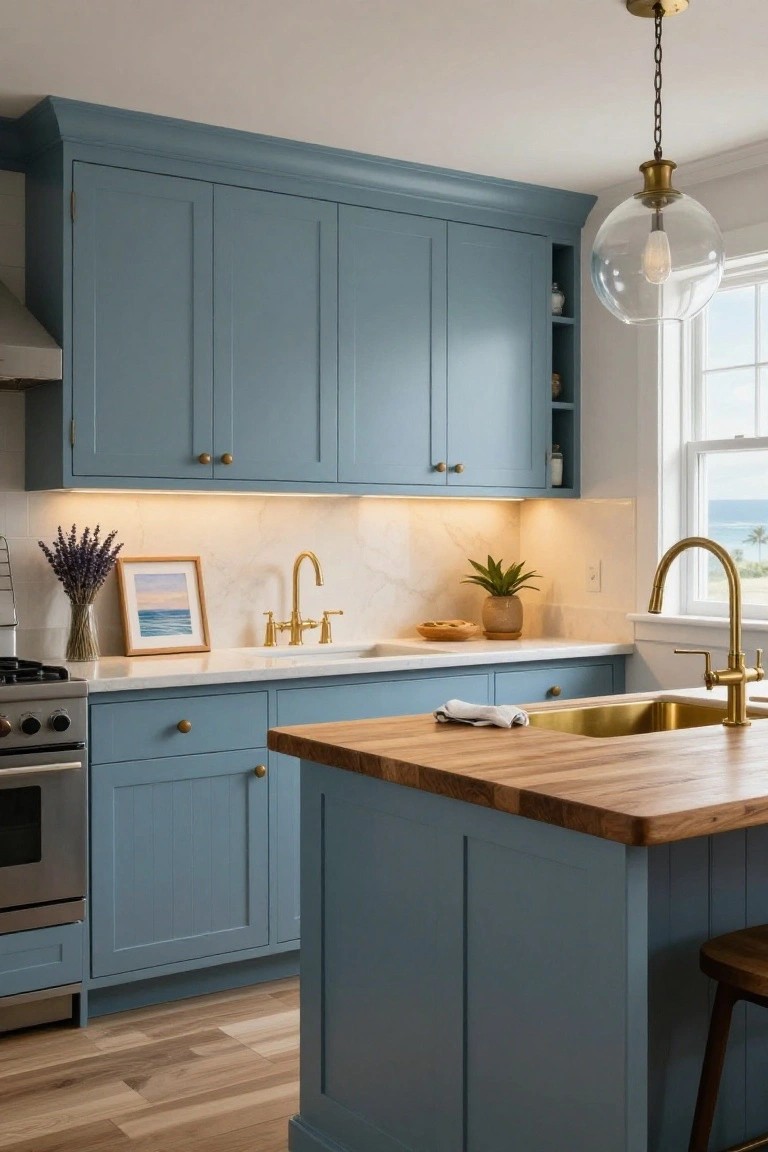 Kitchen interior with navy blue shaker cabinets, white countertops and backsplash, gold faucet and hardware, butcher block island, under cabinet LED lighting illuminating the backsplash, and a window with ocean view.