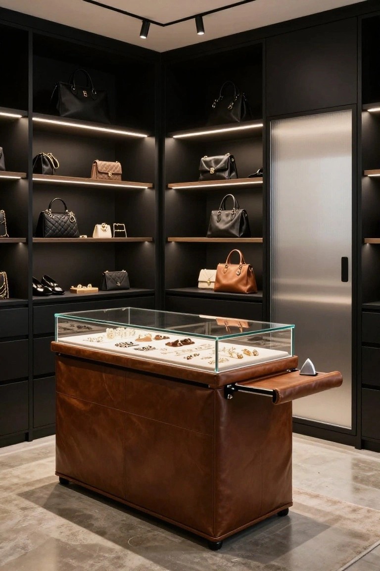 Corner view of a modern black walk-in closet with tiered shelves displaying luxury handbags and shoes, a glass jewelry case on a brown leather stool, and thin LED lighting strips under the shelves.