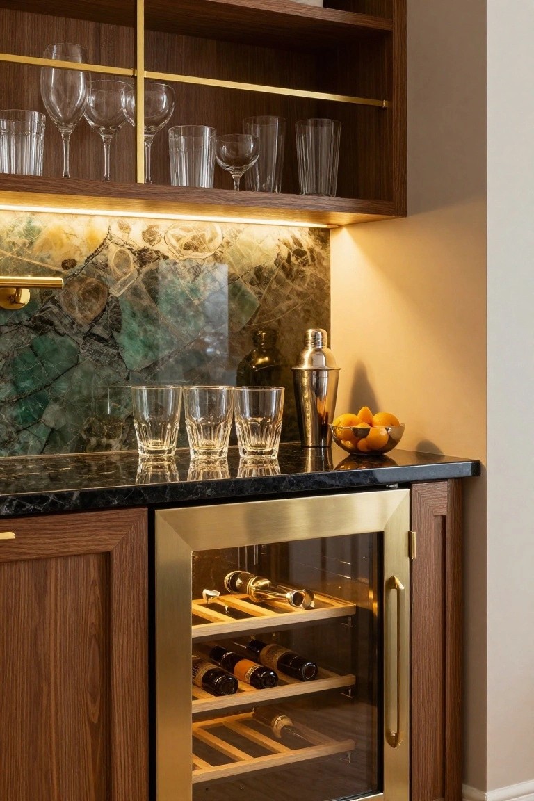 Kitchen bar area featuring walnut cabinets with brass accents, under-cabinet LED lighting illuminating a green veined stone backsplash, black granite countertop with glasses and a cocktail shaker, and a brass-framed wine cooler below.