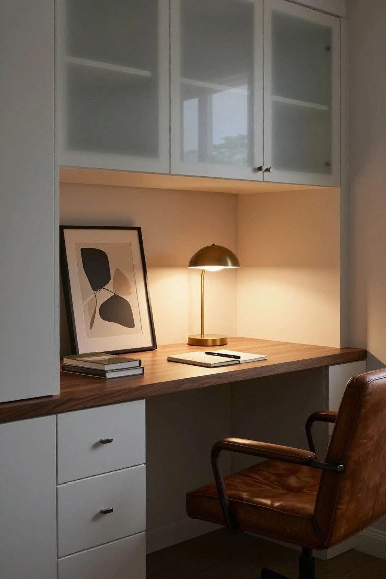 Built-in wooden desk under white cabinets with frosted glass doors, warm under-cabinet lighting illuminating the workspace, brass lamp, abstract framed print, stacked books, open notebook, pen, and tan leather swivel chair.