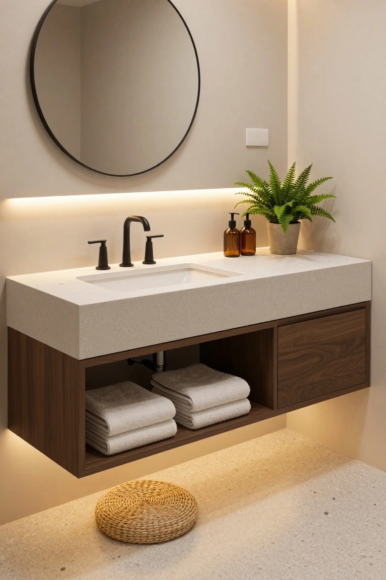 Modern bathroom with floating white quartz vanity, black faucet and handles, open wood storage holding white towels below, two amber glass soap dispensers on counter, fern plant in pot, round black mirror, under-cabinet LED lighting glowing warmly, woven stool on speckled floor.
