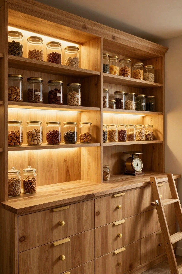 Wooden pantry cabinetry with multiple shelves holding glass jars of nuts, beans, grains, and snacks, illuminated by continuous warm LED strip lights underneath each shelf, wooden countertop, drawers, brass handles, and sliding ladder below.