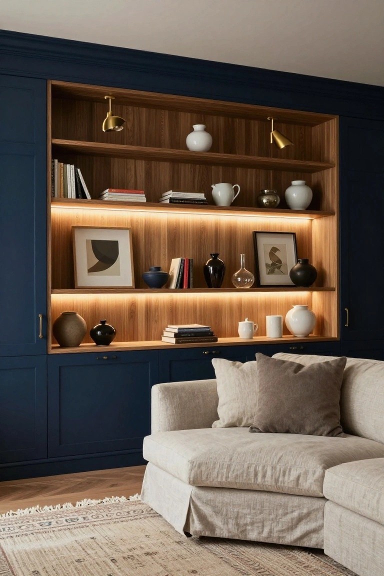 Navy built-in cabinetry with oak shelves illuminated by warm LED strip lights underneath, holding books, ceramics, and framed artwork, beside a beige sofa and patterned rug in an indoor room.