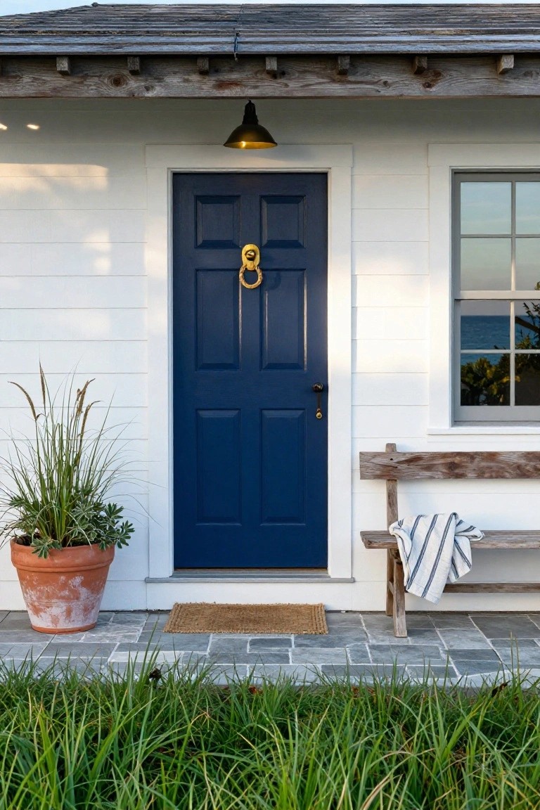 White clapboard house exterior featuring a navy blue paneled front door with gold knocker and knob, adjacent gray-framed window, black lantern light, potted ornamental grass, wooden bench with striped towel, seagrass foreground, and stone pavers.