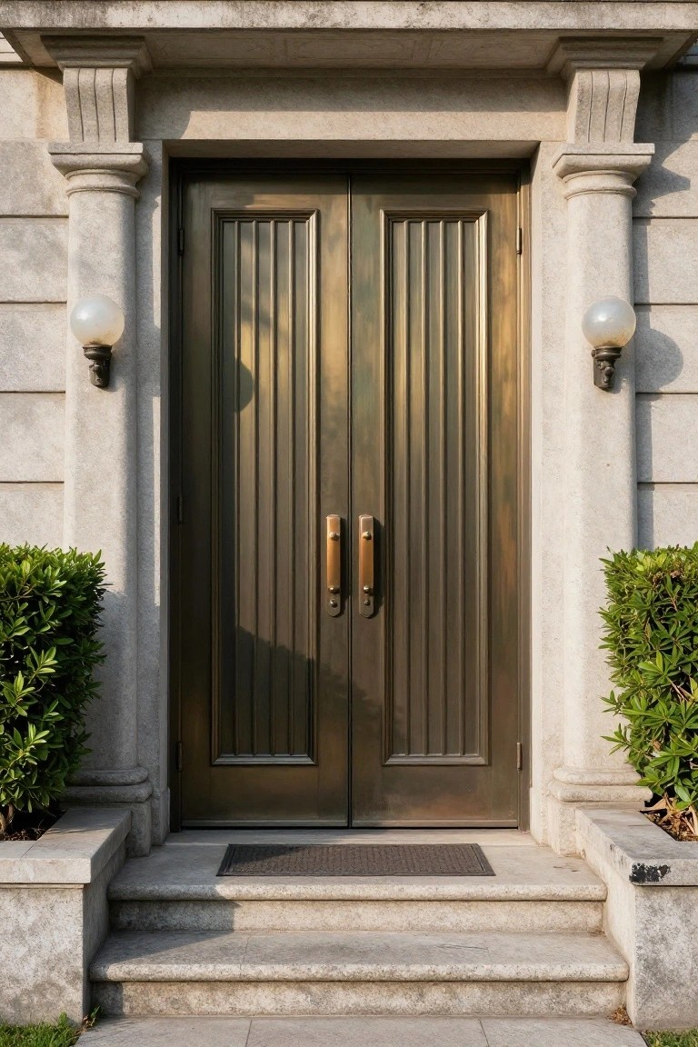 Grand double bronze doors with vertical panels and brass handles, framed by stone columns and pilasters, flanked by white globe lanterns and boxwood shrubs on a stone entry with steps.