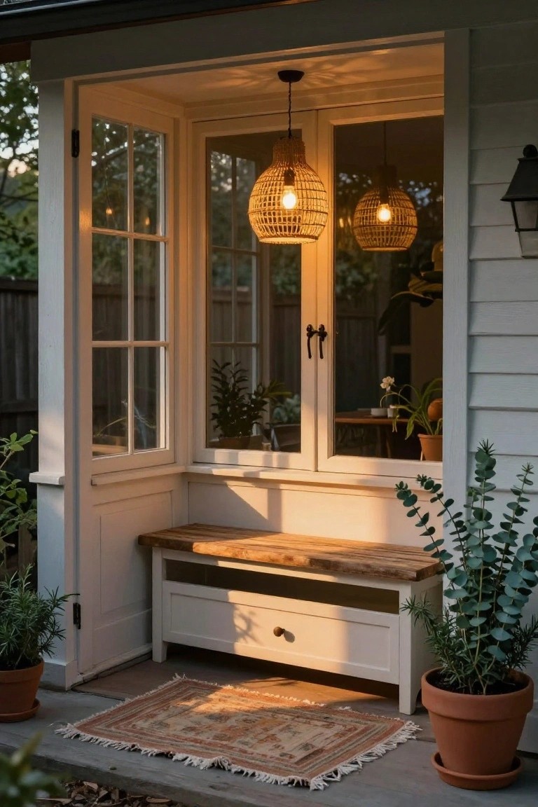 White outdoor structure with open multipane doors and windows, rattan pendant lights hanging inside, wooden bench with storage drawer and white base positioned outside the entry flanked by potted eucalyptus and rosemary plants, woven rug on concrete ground.