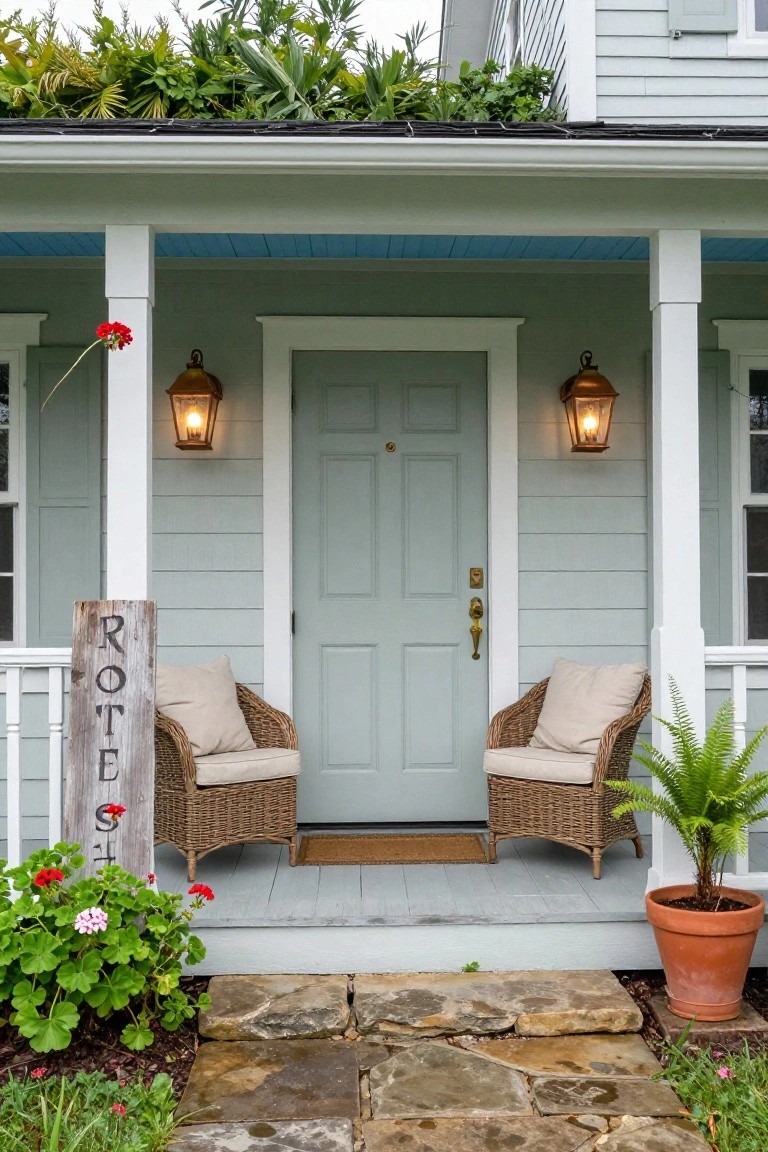 Pale blue clapboard house with sage green front door centered on a covered porch with white columns, blue ceiling, two wicker armchairs with beige cushions, copper lanterns, rustic vertical "ROTES" wood sign leaning on post, potted plants, and flagstone entry steps.