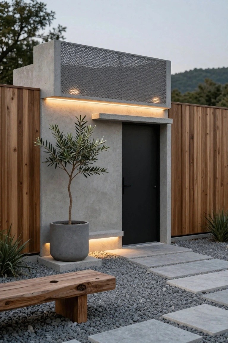 Modern concrete entry structure with black door, overhead perforated metal screen, integrated LED strip lighting, flanked by wooden fence, potted olive tree, gravel ground cover, stone paver path, and wooden bench.