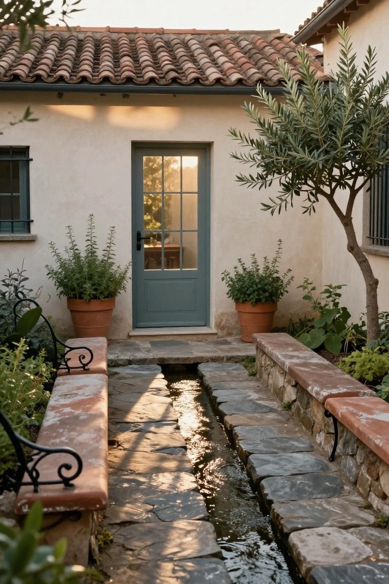Teal door with glass panels in a white stucco wall, leading from a stone pathway with central water channel flanked by low red benches, terracotta pots of herbs, plants, and an olive tree in a walled courtyard.