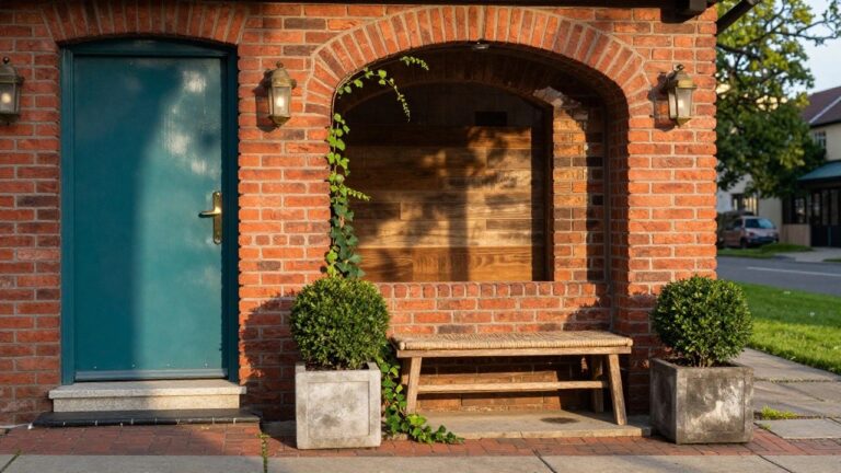 Red brick house entrance with arched teal door and matching fanlight window flanked by brass lanterns, potted boxwood shrubs on either side, woven stool on steps, and ivy trailing nearby.