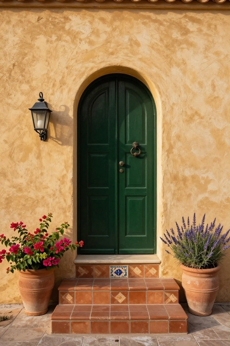 Arched green wooden double door in textured yellow stucco wall with black metal lantern light to the left, potted red bougainvillea and lavender plants flanking terracotta tiled steps.