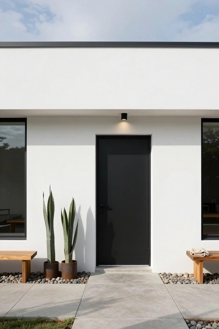 White modern house facade with central black front door, flanked by two tall potted cacti in rusted metal pots, wooden benches, concrete pathway, and pebble edging under a partly cloudy sky.