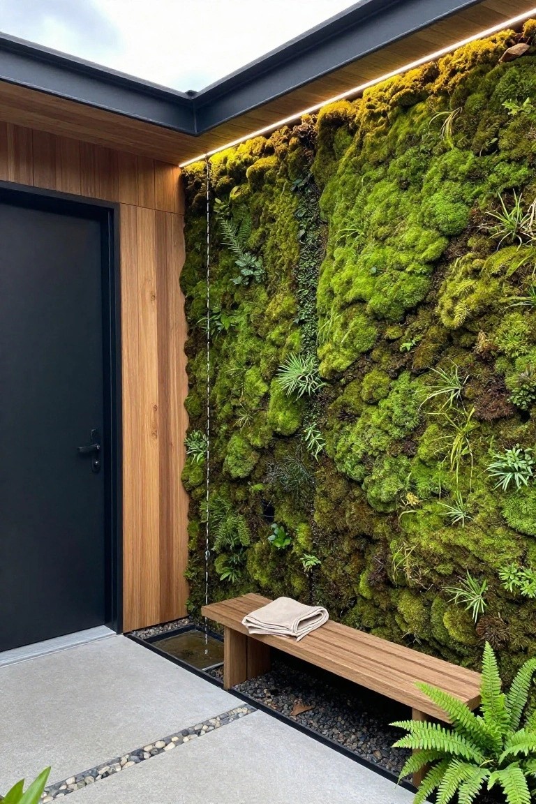 Modern house entrance featuring a black front door in wood cladding, adjacent tall green moss living wall with water trickle, wooden bench on concrete paving with gravel edging and potted ferns.