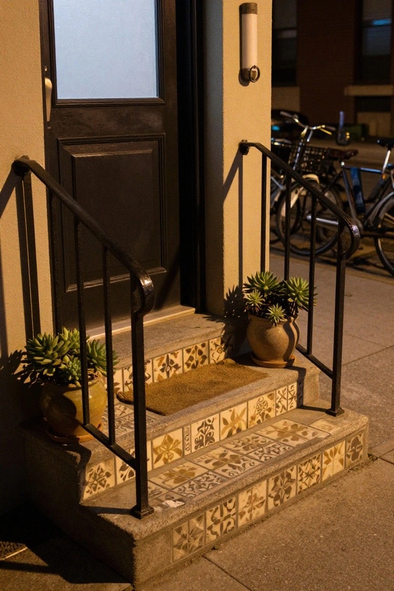 Night view of a house front entrance with a dark paneled door, black metal handrails, three concrete steps clad in ornate beige and yellow floral tiles, potted succulents on both sides, a doormat, and bicycles parked on a nearby sidewalk.