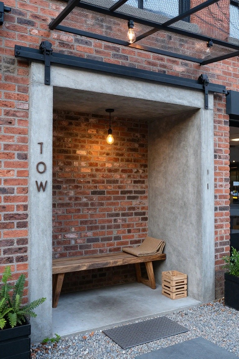 House exterior entrance in a recessed concrete and brick alcove with vertical "TOW" lettering on pillar, wooden bench with tan blanket, hanging bulb light, wooden crate, potted ferns, gravel ground, and metal entry mat.