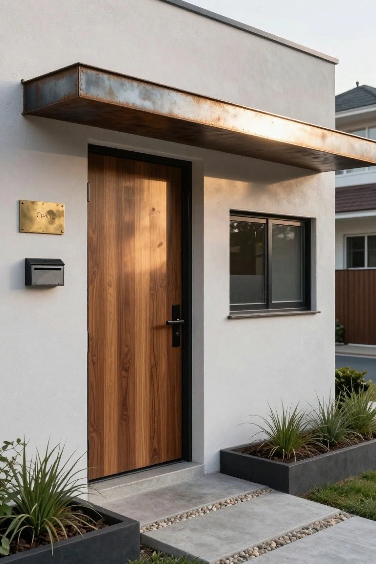 House entrance with wooden door under cantilevered rusted metal awning on white stucco wall, brass nameplate, black mailbox, sliding window, potted grasses, and concrete path with pebbles.