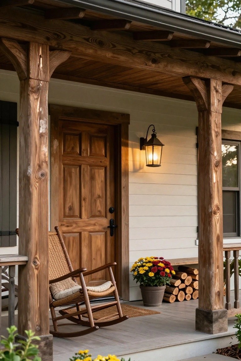 A covered front porch on a light-colored house with rustic wooden timber posts and beams, a dark wooden paneled door lit by a hanging lantern, a wicker rocking chair with cushions, potted mum flowers, and a stack of firewood.