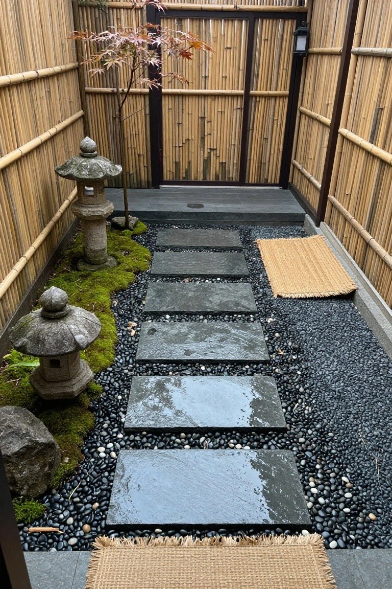 Narrow pathway of irregular dark slate stepping stones set in black gravel, edged with moss and small rocks, flanked by stone lanterns and a small tree within bamboo fencing.
