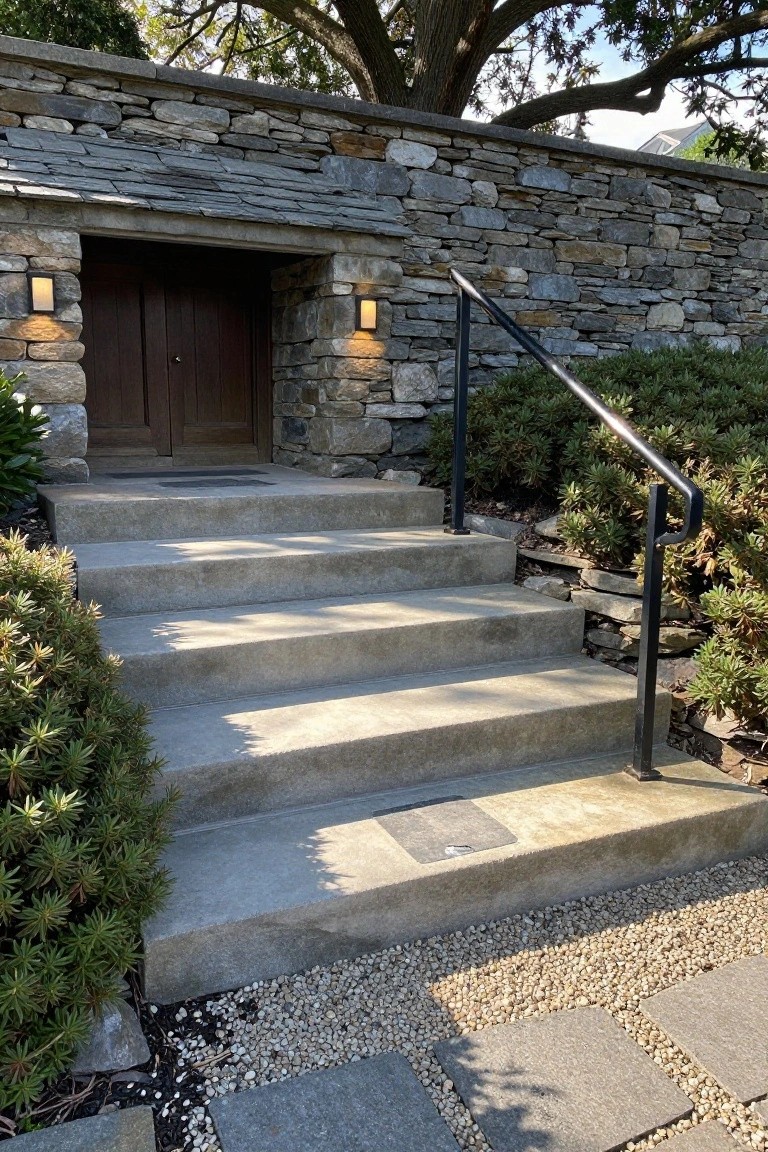House entrance with dark wooden double doors recessed in a gray fieldstone wall, wide concrete steps with black metal handrail on one side, flanked by low green shrubs, gravel mulch, and stone pavers at the base.