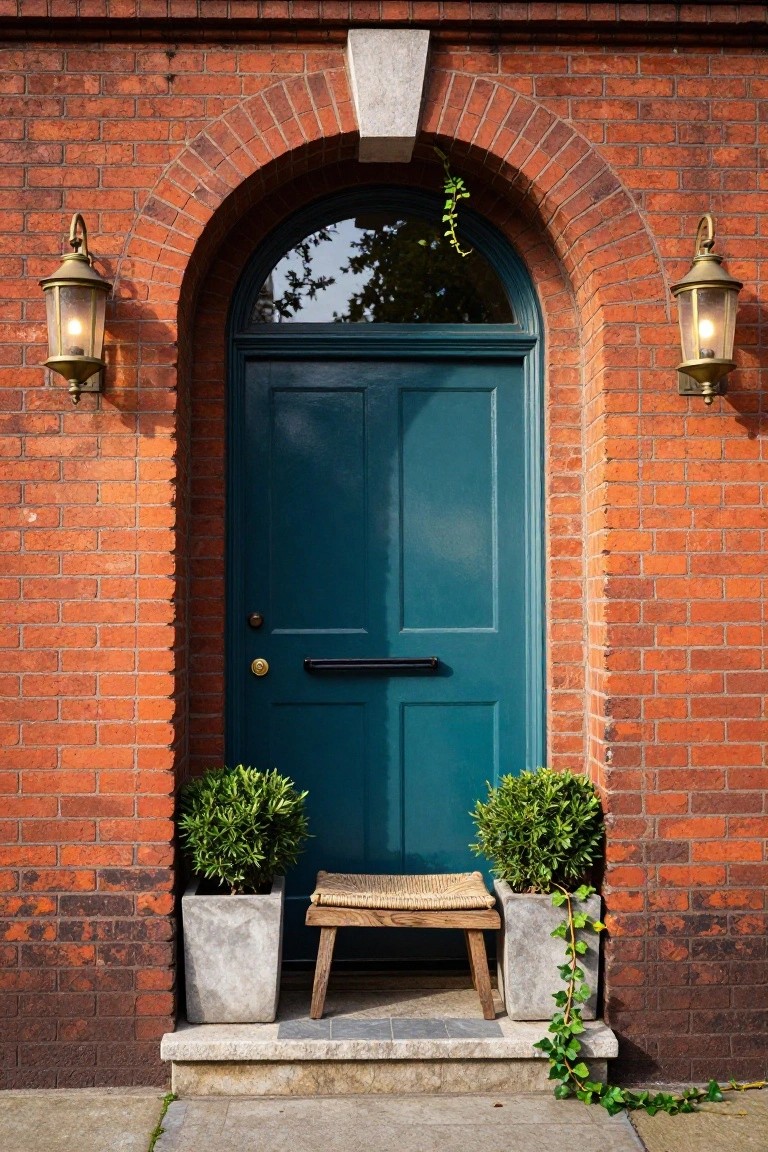 Red brick house entrance with arched teal door and matching fanlight window flanked by brass lanterns, potted boxwood shrubs on either side, woven stool on steps, and ivy trailing nearby.